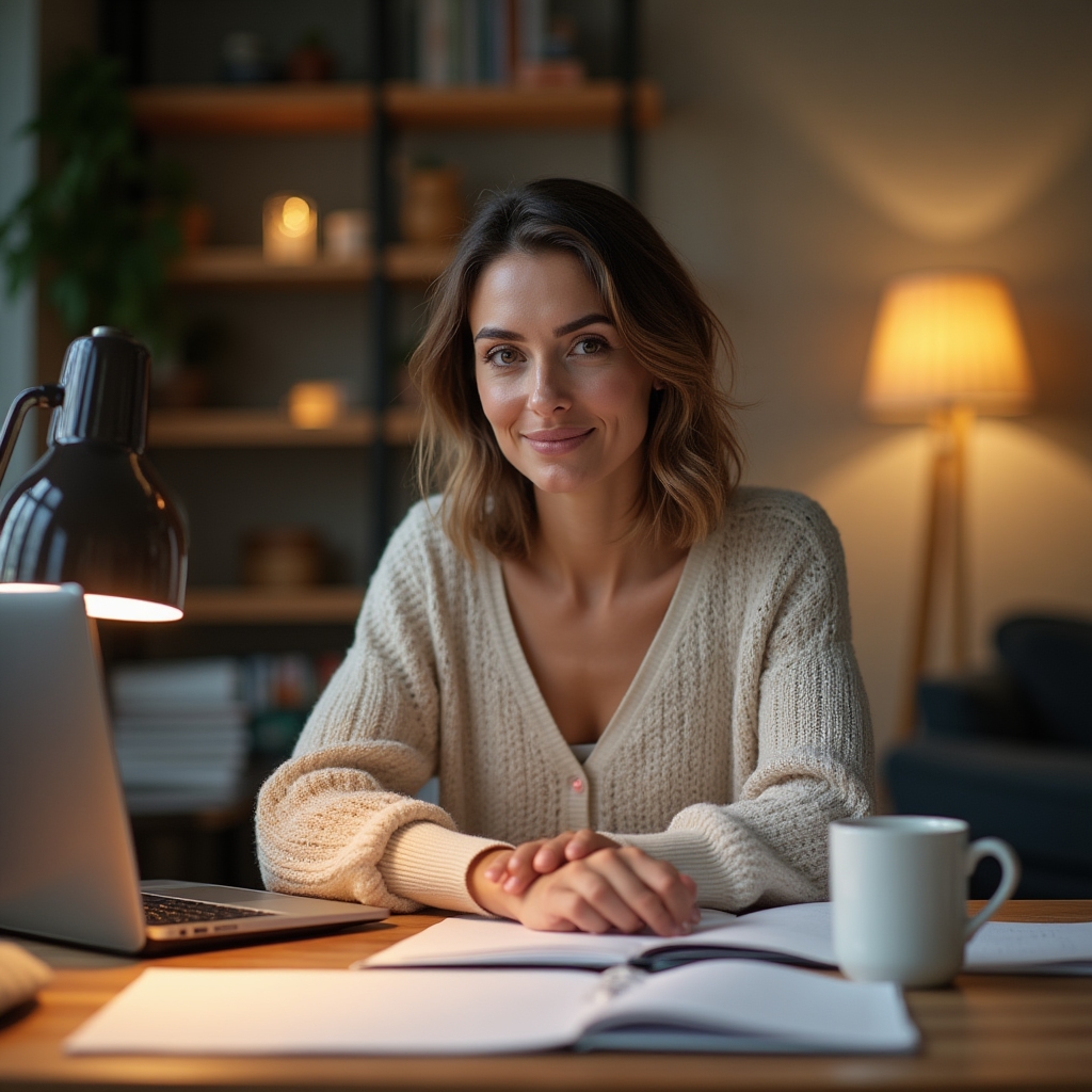 Freelancerka planująca tydzień pracy przy biurku z notatnikiem i laptopem